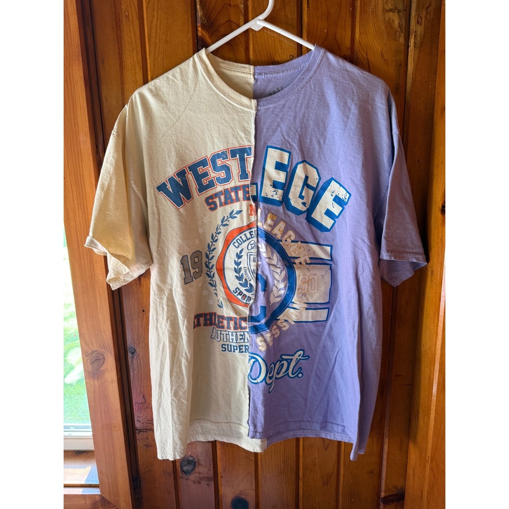 Two Tone Split T-Shirt West Edge College‎ Graphic Tee Athleisure Top size Large